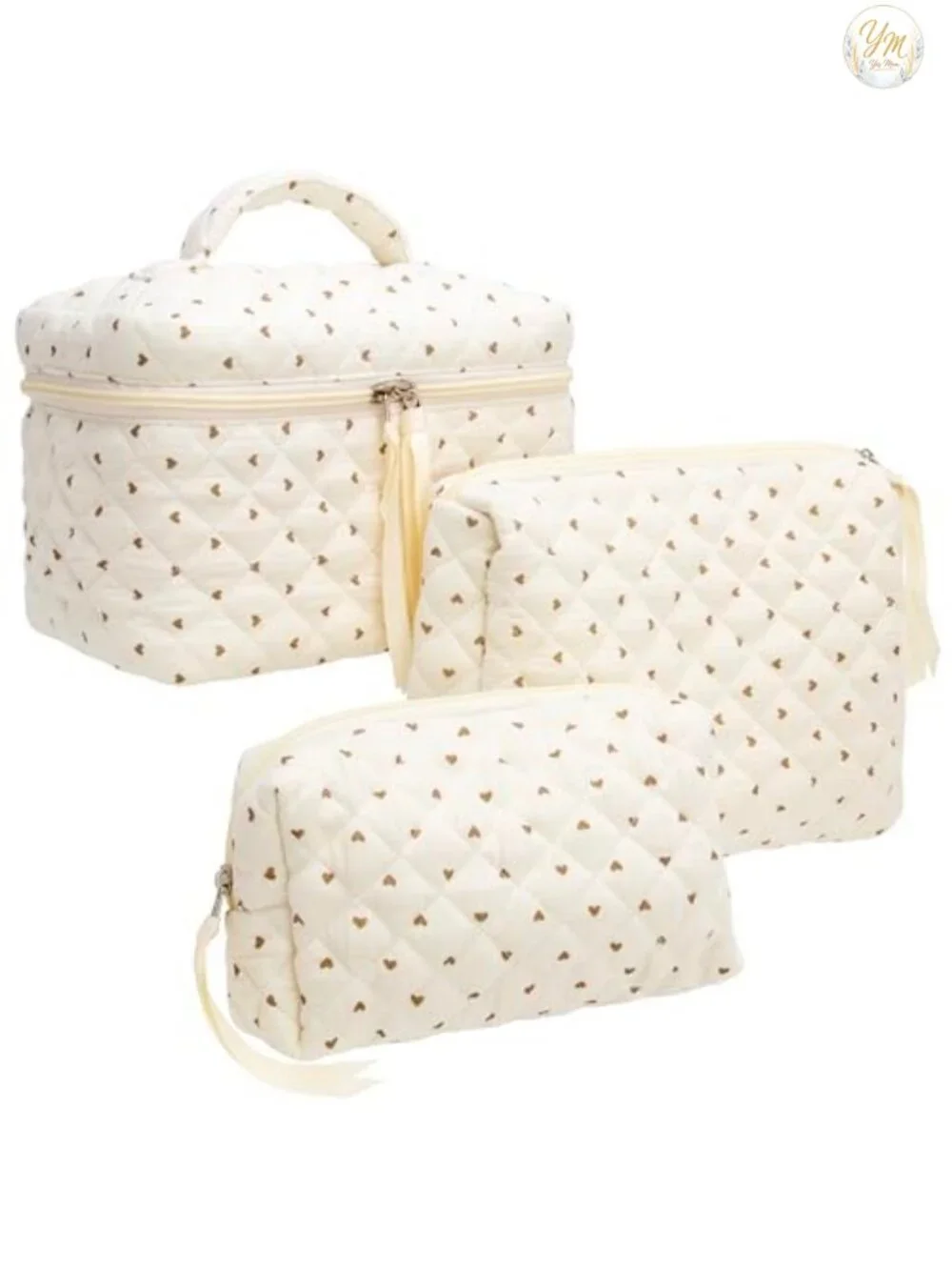 3-Piece Quilted Makeup Bag Set with Heart Zipper, Cosmetic & Toiletry